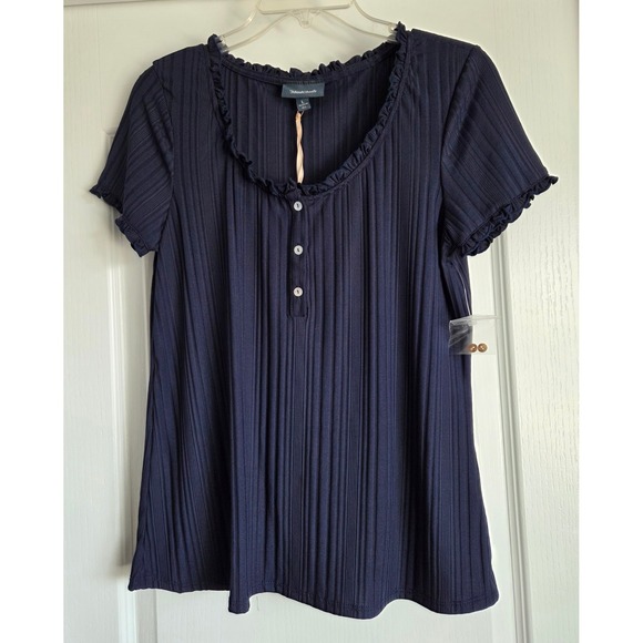 Modcloth Navy Ribbed Ruffled Henley Button Front Short Sleeve Top Women's Sz L - Picture 2 of 7